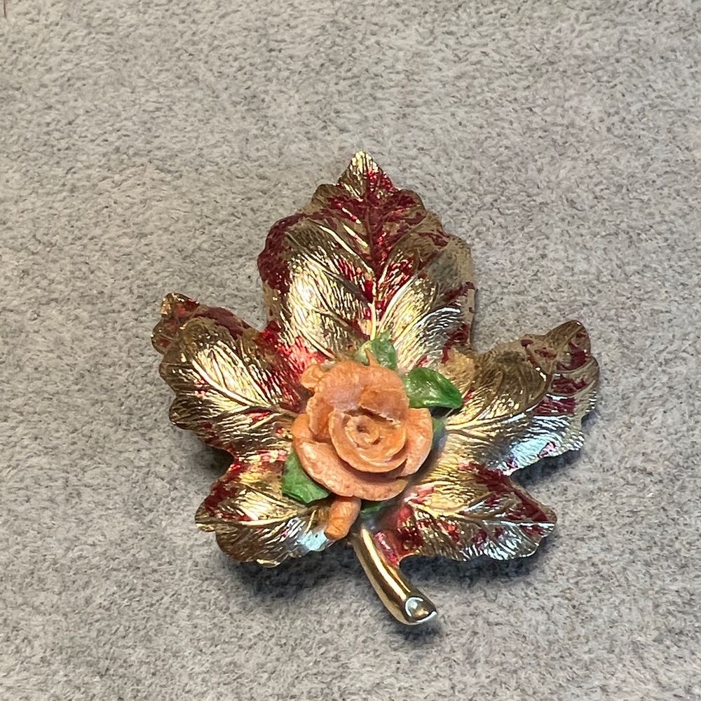 Elegant Gold and Red Leaf Brooch